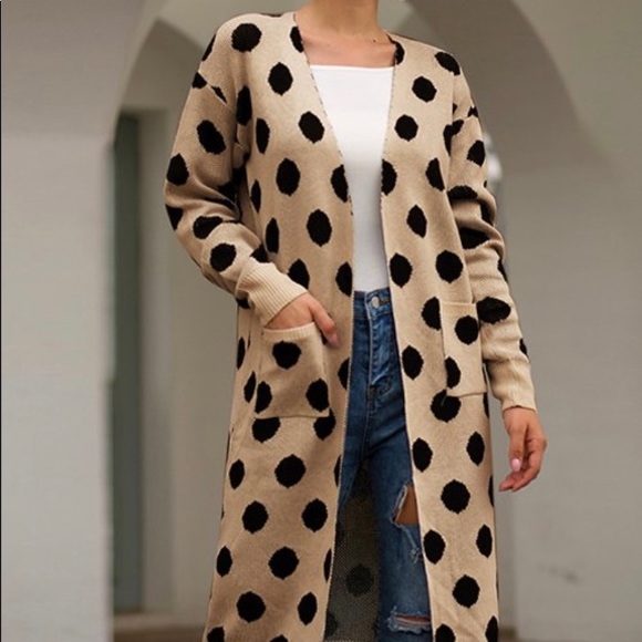 KHAKI & POLKA DOT POCKET OPEN CARDIGAN - Picture 2 of 4